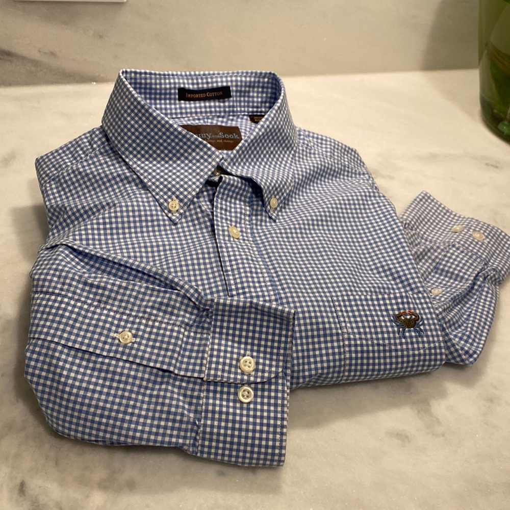 Jimmy and Sook size L poplin button down blue/white